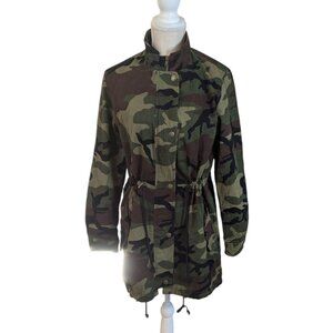 Forever 21 Womens Green Camo Utility Jacket Sz S Zip & Snap Drawstring Pockets
